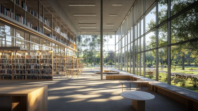 Realistic view of a new public library construction, capturing the modern design with large windows and reading nooks