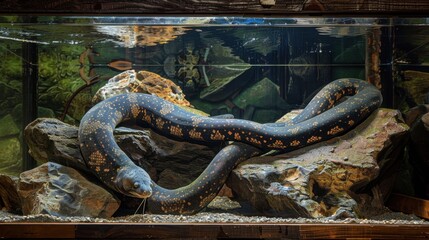 Fototapeta premium Electric Eel Tank: Discover electric eels in a captivating tank, illuminated with low lighting and informative displays about their electricity generation and behavior. 