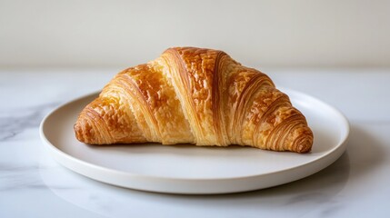 A single croissant with a perfect golden-brown finish, sitting on a white plate against a neutral background, focusing on its texture and layers.