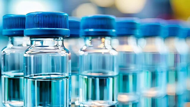 Row of medical vials with blue caps, used for vaccine or liquid medication storage, symbolizing healthcare, research, and biotechnology.