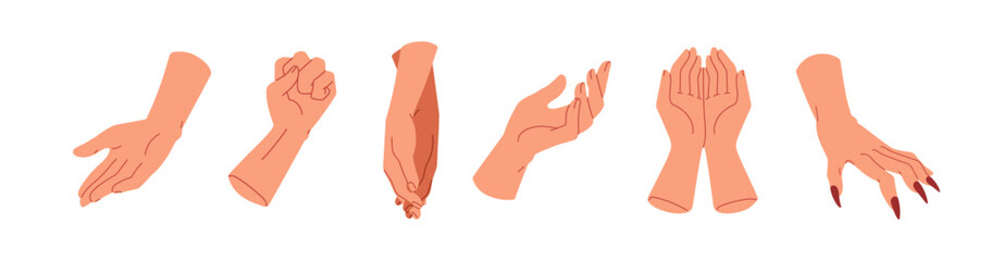 Hand gestures and signs set. Open palms, holding, giving, clenching fingers in fist, claws and cupped pose. Body language with arm expressions. Flat vector illustration isolated on white background