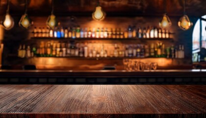 Obraz premium Wooden brown tabletop on the background of a blur bar. Blank countertop mockup for product presentation. Clean platform for drinks. bar in the night