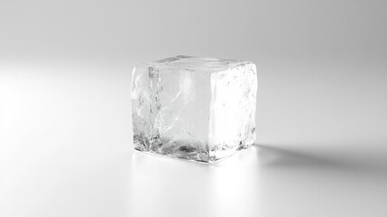 A single ice cube with visible cracks and reflections, isolated on a smooth white surface, perfect for cooling or beverage branding.