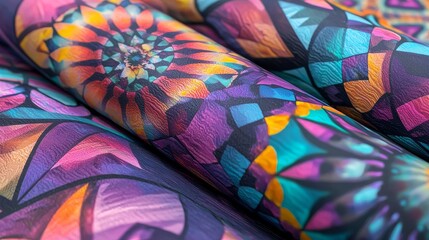 Vibrant and intricate abstract patterns on rolled textiles in vivid colors, showcasing artistic design.