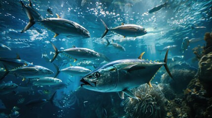 Open Ocean Exhibit: A striking tank imitating the open sea, filled with large pelagic species like tuna and barracuda, alongside schools of glistening fish swimming gracefully.
