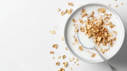 A spoon scooping a portion of cereal from a bowl filled with milk, against a simple white background, highlighting the texture and freshness of the grains.