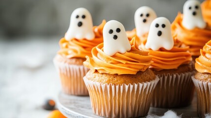 A stack of Halloween-themed cupcakes with ghost toppers and orange frosting, placed on a white background to highlight their festive design.