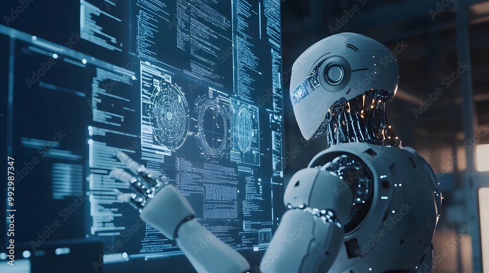Poster a futuristic robot analyzing complex data on a large screen.