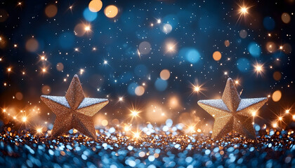 christmas glitter with sparkle of lights and stars blue and brown background