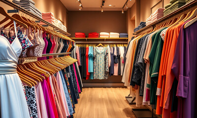 A stylish clothing boutique featuring neatly arranged racks filled with vibrant and fashionable garments