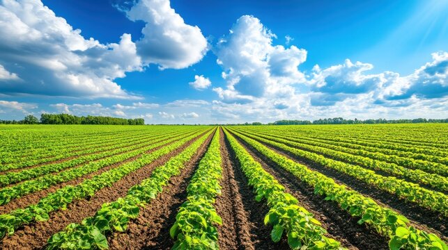 A vibrant green field with rows of crops under a bright blue sky and fluffy clouds.