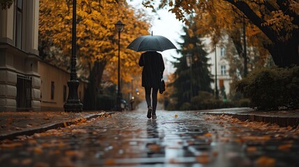 Walking under an umbrella in the rain.