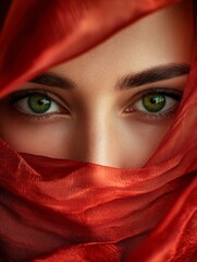 Naklejka premium A woman with green eyes is wearing a red scarf