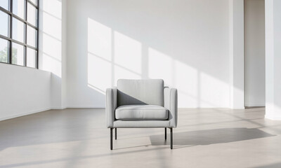 Fototapeta premium minimalist armchair with a low-profile design upholstered in a natural beige linen fabric