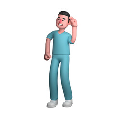 Fototapeta premium Healthcare Professional Male. A male nurse is seen holding his earlobe with his notification hand, as if he wants to listen more clearly. 3D Nurse Cartoon