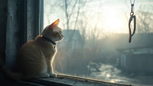 Cat sitting by an old window staring outside into the distance on a foggy day - Powered by Adobe