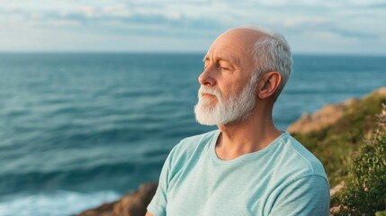 Elderly man with white beard meditating on a coastal cliffside, eyes closed in peaceful reflection, with ocean view at sunset.
