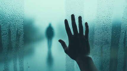 Hand pressed against a foggy window with a silhouette of a person walking away outside
