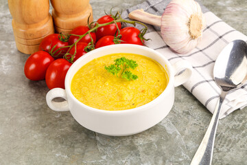 Vegetarian corn cream soup served parsley