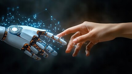 Robot and human hands touching on global network connections, illustrating the interaction between AI and digital technology.