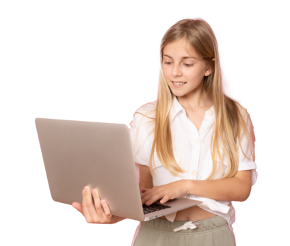 Portrait of little girl holding laptop computer while standing isolated over transparent background - Powered by Adobe