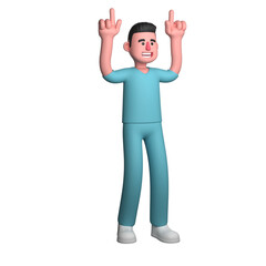 Cartoon Professional Nurse. A male nurse is seen raising both hands with his index finger pointing up. 3D Male
