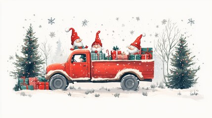 Santa’s helpers deliver gifts in a festive red truck during a snowy winter