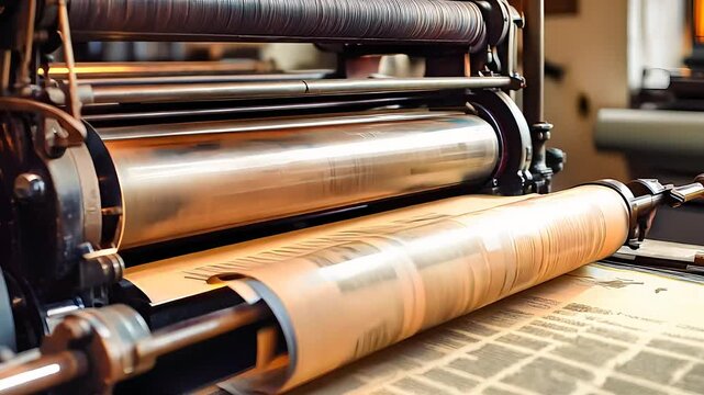 Industrial printing press in action, producing newspaper sheets with precision and speed, showcasing traditional print technology.