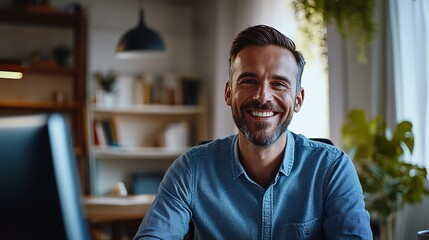 Obraz premium A smiling man in a casual shirt sits at a desk, surrounded by greenery and a cozy workspace, radiating positivity and confidence.