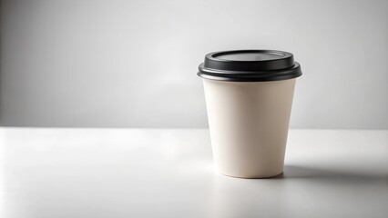 Minimalist white coffee cup with a black lid against a light background – ideal for coffee shop branding, packaging designs, and modern beverage presentations