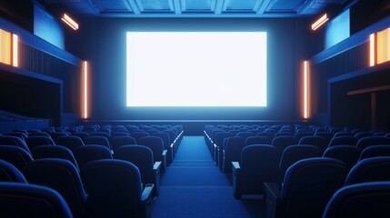 Fototapeta premium Empty cinema auditorium in blue color with white blank screen. Mockup of hall