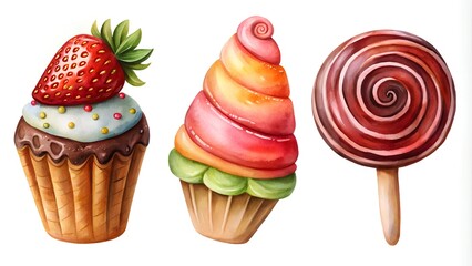 Watercolor desserts on white background: vibrant colourful, rainbow popsicles, and spiral lollipops – perfect for sweet-themed designs.