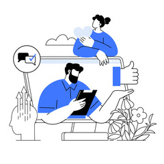Man and woman interact around oversized digital screen. Speech bubble with check mark. Graph with upward arrows. Blue thumbs-up icon. Nature elements like flowers. Ideal for teamwork, digital