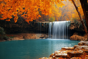 Fototapeta premium A waterfall is flowing into a blue pool of water