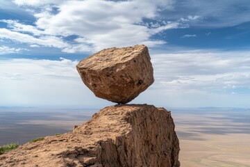 A precariously balanced rock sits atop a cliff, surrounded by a panoramic view of rolling hills and a cloudy sky.