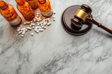 Gavel with prescription bottles and scattered pills for fraud case