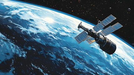 A Network of Interconnected Satellites in Geostationary Orbit with Solar Panels and Antennas Forming a Communication Relay