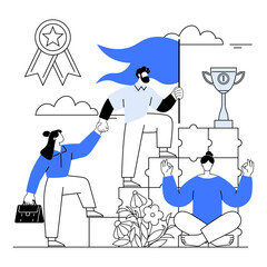 Three figures collaborate to achieve goals one holds a flag, another helps their colleague, and the third meditates. Ideal for teamwork, success, collaboration, achievements, motivation. Simple