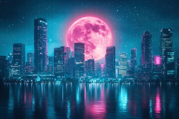 Fototapeta premium A Nighttime City Skyline with a Large Pink Moon and Water Reflection