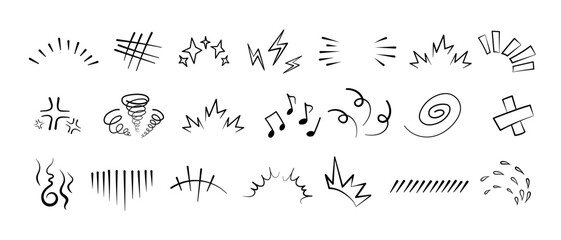 Manga or anime comic emoticon element graphic effects hand drawn doodle vector illustration set isolated on white background. Line style manga doodle line expression scribble anime mark collection.