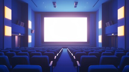 Fototapeta premium Empty cinema auditorium in blue color with white blank screen. Mockup of hall