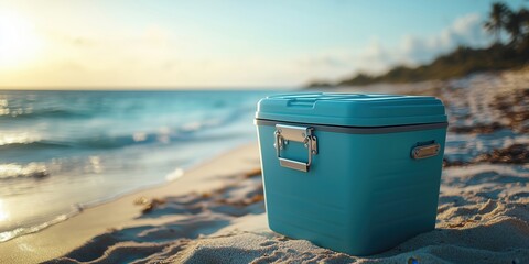 Blue cooler on sandy beach at sunset, perfect for outdoor picnic, summer getaway, and vacation relaxation by the serene ocean.