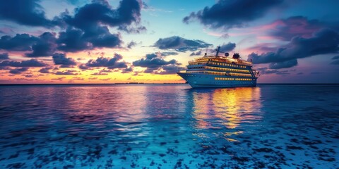 Obraz premium Brightly lit cruise ship sailing through crystal-clear Maldivian waters, framed by a stunning sky.