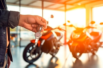 Customer receiving new car and motorcycle keys, dealership setting, excitement and sense of liberty