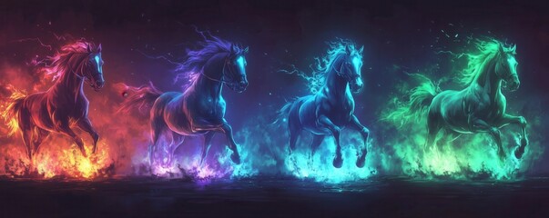 Obraz premium Colorful neon horses running through mystical flames, an epic fantasy digital artwork depicting energy and movement with vibrant hues.