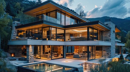 Obraz premium Modern luxury mountain home. Generative AI.