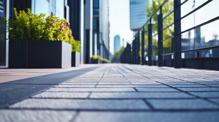 A modern city with accessibility features like ramps and tactile paving, demonstrating urban inclusivity