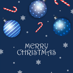 Fototapeta premium festive Christmas design showcases blue ornaments and vibrant candy canes on a snowy background. Vector greeting card