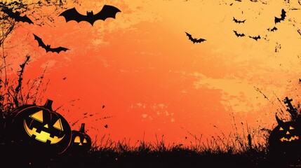 Halloween background with a spooky pumpkin patch, bats flying overhead. Wide open area in the sky for text. No logo.