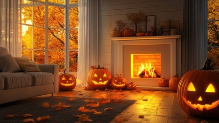 Obraz premium Daytime minimalist living room with pumpkins, a glowing fireplace, and soft Halloween decor. The light from the fire is the focal point. No people.